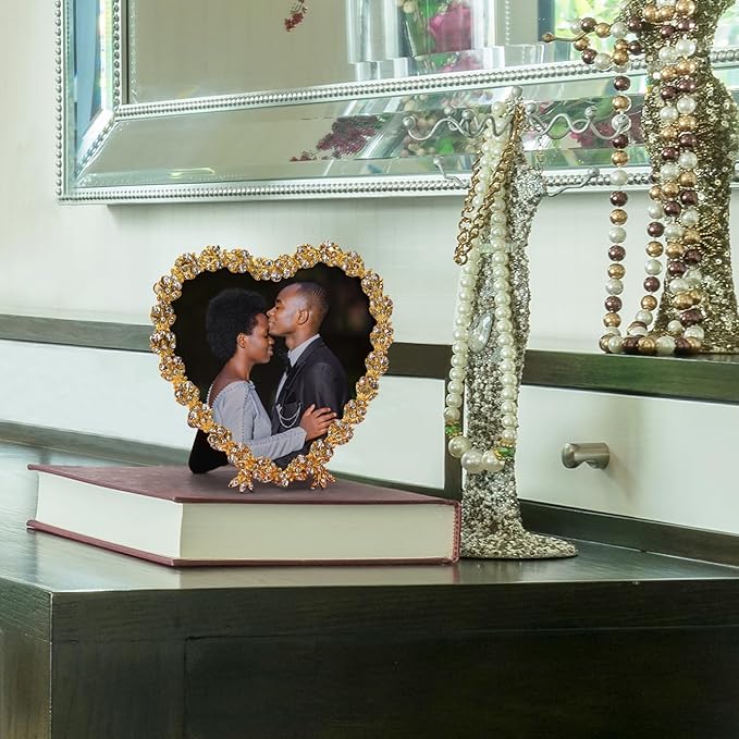 Heart Shaped Wedding Picture Frames for Couple - Beaded Crystal 4x4 Picture Frame – Engagement Gift, Wedding Gift for newlyweds - Fits 3.5x3.5 photo - Valentine Picture Frame (Golden)-Ruum Studio Home