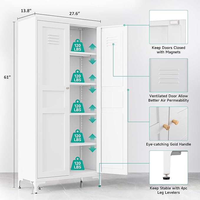 SISESOL Metal Storage Cabinet with Doors and Shelves,White Storage Cabinet with Leg & Vent Hole,Food Pantry Cabinets,5 Tier Metal Pantry,Tall Large Cupboard for Home,Kitchen,Dining/Living/Laundry Room-Ruum Studio Home