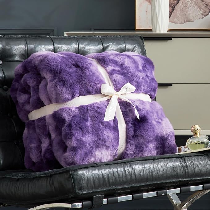 Cozy Bliss Faux Fur Throw Blanket for Couch, Fuzzy Soft Plush Thick Bubble Blanket for Sofa Bedroom Living Room, 60 * 80 Inches Tie-dye Purple-Ruum Studio Home