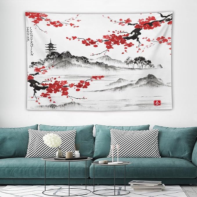 Cherry Blossoms Tapestry, Japanese Fuji Mountain Tapestry, Asian Japanese Wall Tapestry, Nature Landscape Tapestries for Bedroom Living Room Decor 90"x60"-Ruum Studio Home