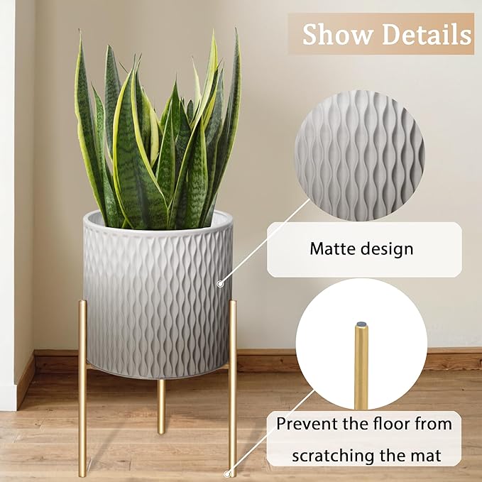 ARNIS Plants Pots with Stand,Set of 2 Flower Pots, Unique Mid Century Decorative Metal Flower Pots with Drainage,10.5&12.25 Inch, Grey and White-Ruum Studio Home