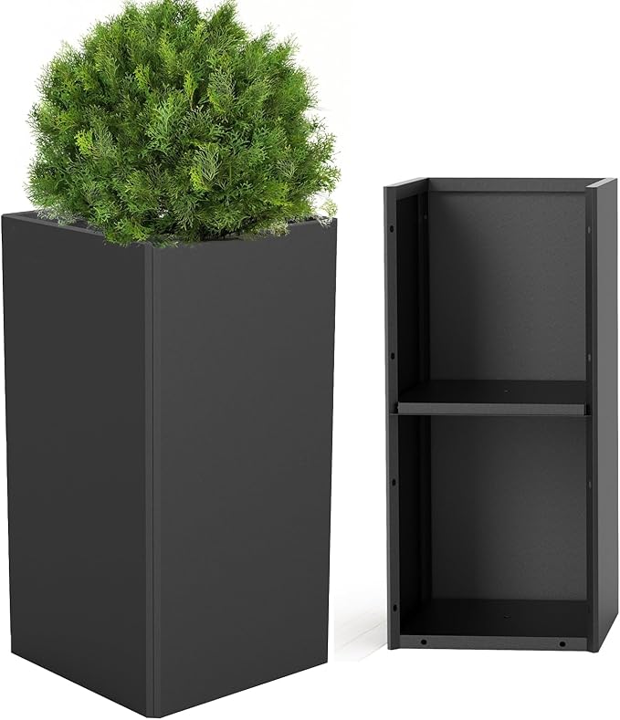 Tall Planters 26 Inch Square Metal Plant Pot with Removable Insert Shelf and Drainage-Modern Tall Black Planters for Indoor & Outdoor-Front Porch,Patio,Garden (14" L X 26" H)-Ruum Studio Home
