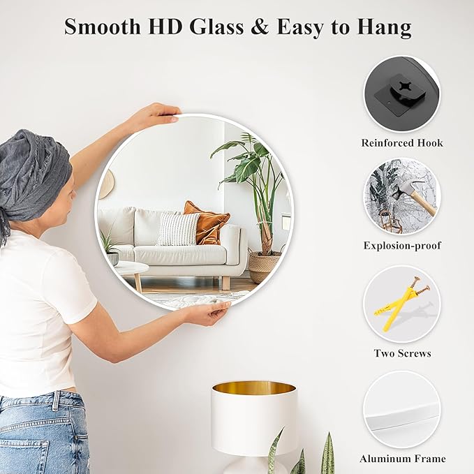 Fabuday White Circle Mirror for Wall 24 inch - Round Mirror for Bathroom, Entryway, Living Room, Hallway, Vanity Decor, Big Matte Metal Frame Mirrors-Ruum Studio Home