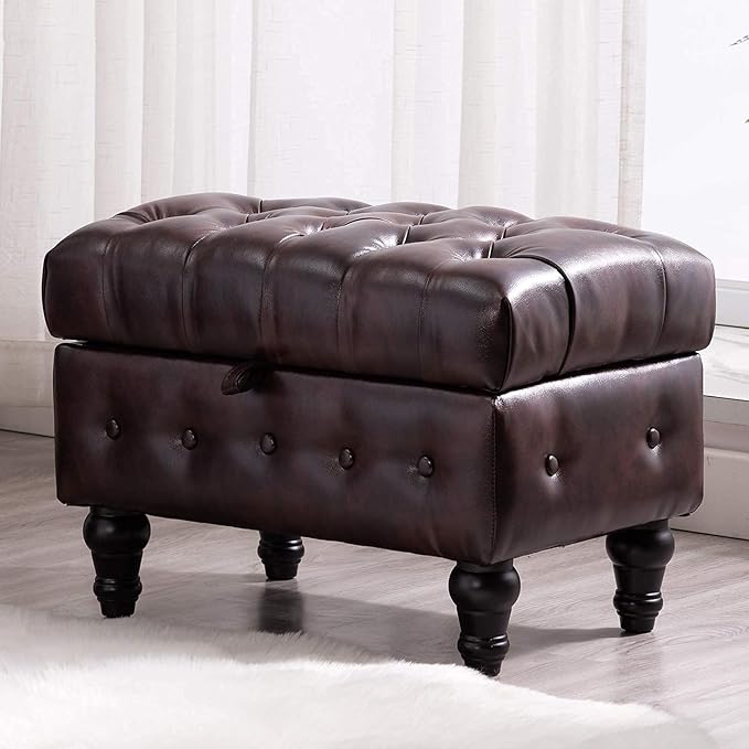 Artechworks Coffee Table Ottoman with Storage,Button Tufted PU Leather Upholstery Footstool Bed Ottoman for Living Room, Home Office, Space-Saving Storage Toy Box Stool, Brown-Ruum Studio Home