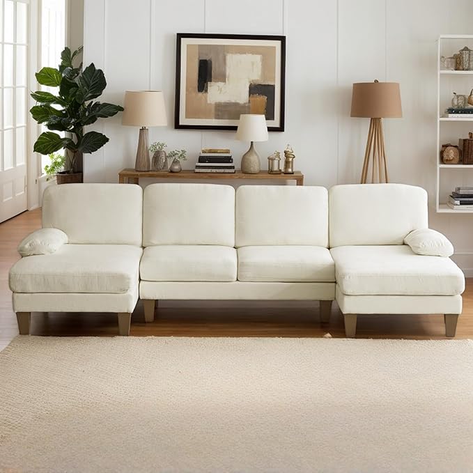 Karl home U-Shape Sectional Sofa Couch 111" Modern 4-Seat Sofa with Chaises Chenille Fabric Upholstered Covertible Couch with Wood Grain Legs for Living Room, Reception Room, Apartment, Beige-Ruum Studio Home