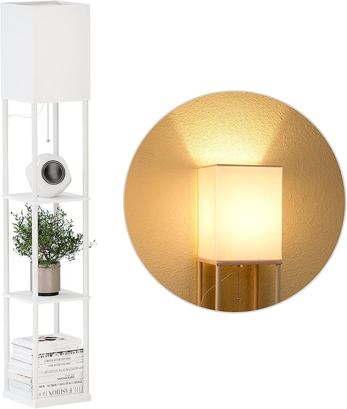SUNMORY Shelf Floor Lamp with 3-Way Dimmable LED Bulb, Modern Square Standing Lamp with Shelves and White Shade, Corner Display Bookshelf Lamp for Living Room and Bedroom(White)-Ruum Studio Home