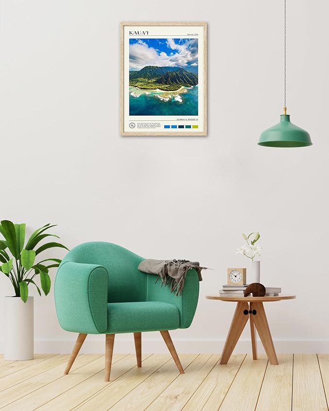HesenDot Natural OAK Wood Framed Hawaiian Archipelago Wall Art,12x16in Kauai Quality Canvas Wall Print,Classic Urban Landmark Wall Decor for Living Room,Bedroom,Office Gallery Set of 1-Ruum Studio Home