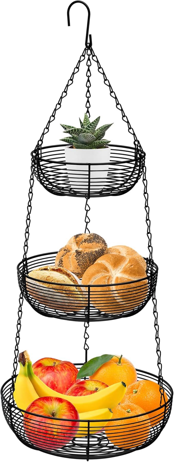 CAXXA 3-Tier Hanging Basket Fruit Organizer Kitchen Heavy Duty Wire Organizer with 2 Free Bonus Metal Ceiling Hooks, Black-Ruum Studio Home
