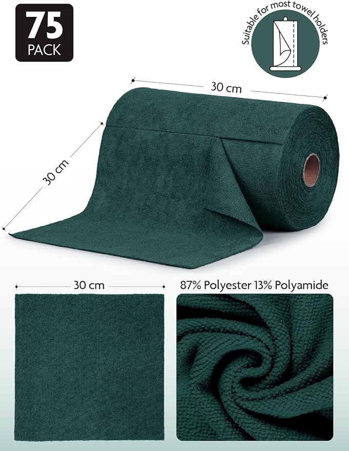 Fantasticlean Microfiber Cleaning Cloth Roll -75 Pack, Tear Away Microfiber Towels, 12" x 12", Reusable, Washable, Scratch Free, Ultra Absorbent Dish Rags for Car, Home, Garage or Shop (Forest Green)-Ruum Studio Home