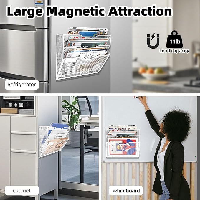 3-Tier Magnetic File Holder, No Drilling Installation File Cabinet Organizer, White Magnetic File Organizer, Magazine Rack, Magnetic Paper Holder for Refrigerator, File Cabinets,White-Ruum Studio Home