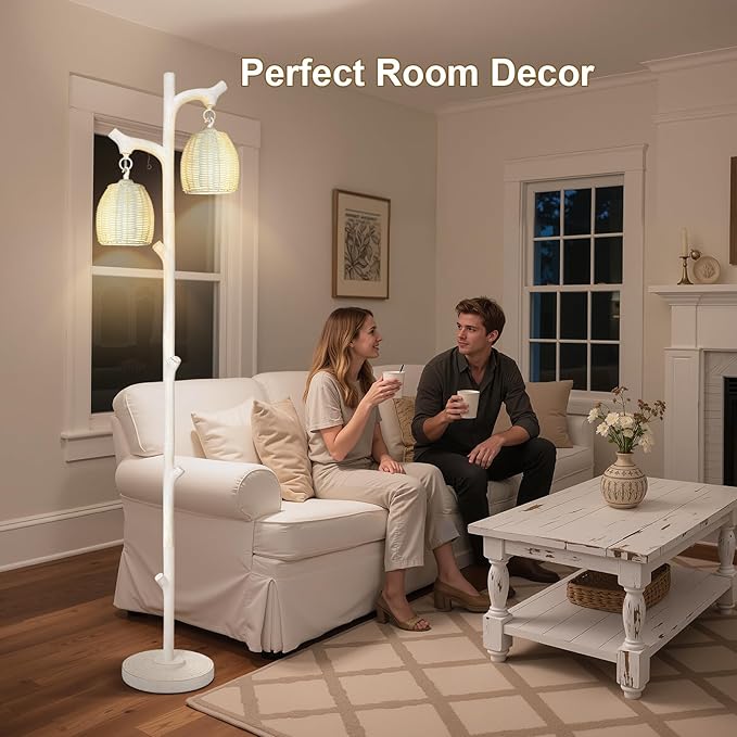 Scenekoy Rustic 68” Tall Floor Lamp with Rattan Shade, Retro Standing Lamp Tree Trunk Washed White Finish & Resin Body, Dimmable Corner Lamp with Bulb Prefer for Living Room Bedroom Home Decor-Ruum Studio Home