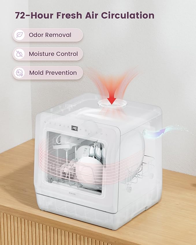 HAVA Countertop Dishwasher with Water Softener and Enhanced Energy Efficiency, Portable Dishwasher with 8 Wash Programs, Child Lock & Delayed Start Function, No Installation Needed - Misty Lilac-Ruum Studio Home