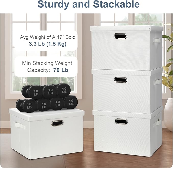 Large 17" 36 Quart Collapsible Stackable Storage Bins with Lids, 3 Packs White Linen Fabric Closet Boxes with Lids, Storage Cube Baskets Container Organizers for Bedroom Office(17 x12 x11)-Ruum Studio Home