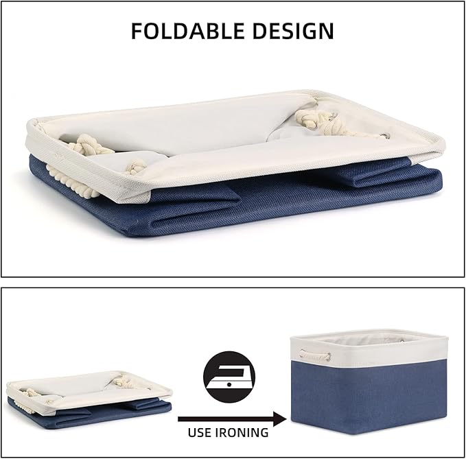 Bidtakay Storage Baskets Collapsible [3-Pack] Decorative Storage Bins with Cotton Rope Handles 15 X 11 X 9.5 Inch Organizing Baskets for Shelves Clothes Closet Navy Blue Baskets for Gifts Empty-Ruum Studio Home