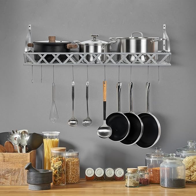 MyGift Wall Mounted Silver-Tone Metal Hanging Kitchen Pots, Pans and Utensils Storage Cookware Rack with 12 Removable S-Hooks and Top Display Shelf for Condiments Spice Rack-Ruum Studio Home