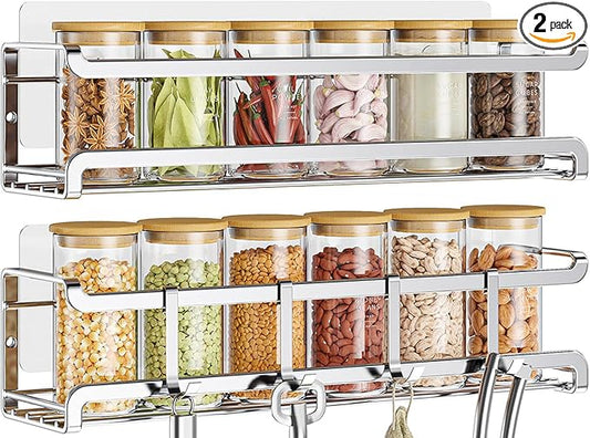 Spice Rack wall mounted 2 Pack, Space-Saving Spice Organizer for Spice Jars and Seasonings,Screw or Adhesive Hanging Spice Rack Organizer for Your Kitchen Cabinet,or Pantry Door,Silver-Ruum Studio Home