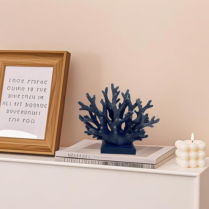 5.8" H Dark Blue Coral Decor - Resin Coral Statue, Nautical Decor for Home, Bedroom, Bathroom, Living Room, Ocean Themed Cabinet Shelf Tabletop Decoration-Ruum Studio Home