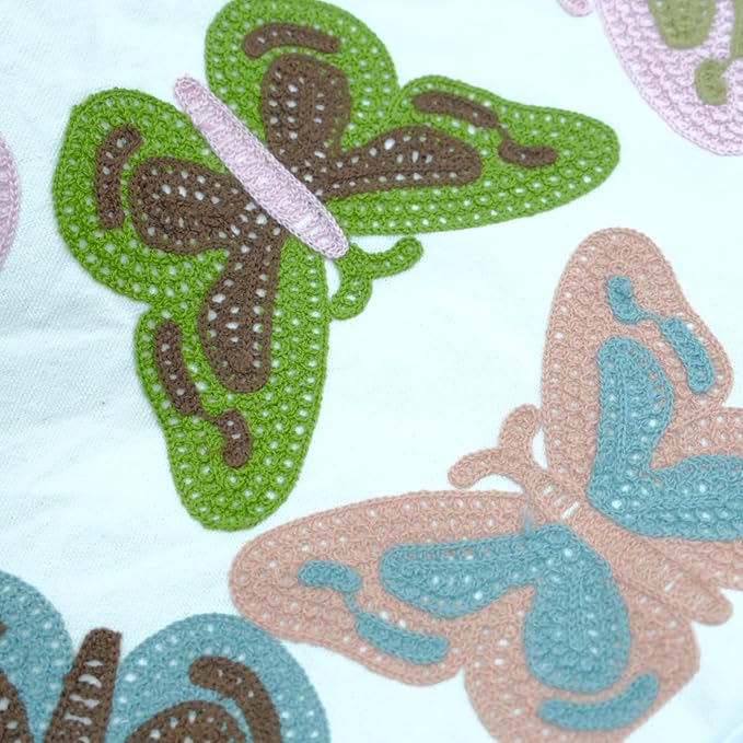Embroidered Decorative Throw Pillow Cover, 18"x18" Set of 2, Farmhouse Pillowcase Colorful Butterfly Knit Pattern Cotton Canvas Cushion Case Square Floral Pillow Case for Sofa Couch Bed Living Room-Ruum Studio Home