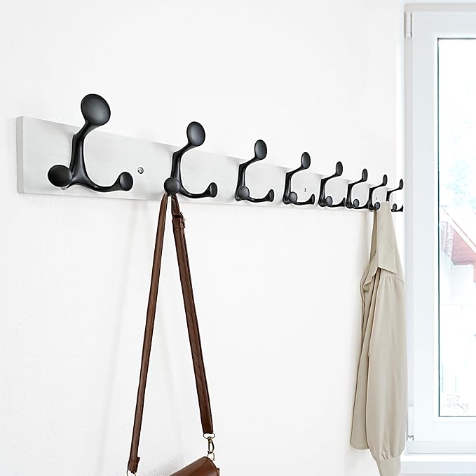 SKOLOO 43-Inch White Wood Coat Rack Wall Mount with 8 Triple Hooks - Ideal for Family Entrances, Classrooms, and Pet Supplies Storage - Perfect Coat Hooks for Wall-Ruum Studio Home