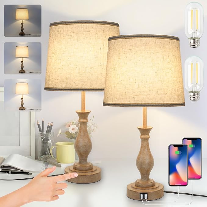Touch Lamps for Bedrooms Set of 2, Farmhouse Table Lamp with Dual USB Charging Ports, 3 Way Dimmable Nightstand Lamps with Linen Fabric Lampshade for Bedroom (Pack 2-Beige Shade & Antique Brown)-Ruum Studio Home