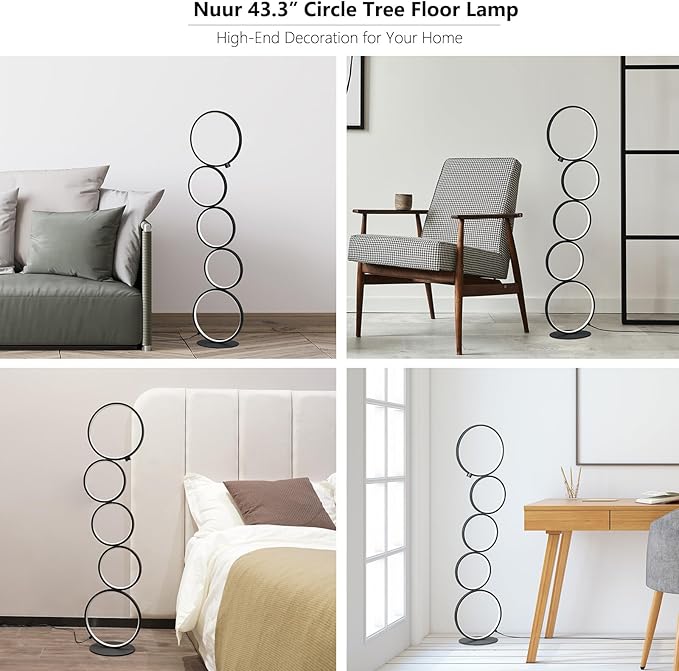 NUÜR 43.3" Modern Floor Lamp, LED Floor Lamp for Living Room, Dimmable, Circle Standing Lamp, Energy-Saving, Unique Lamp for Bedroom, Office, Home-Ruum Studio Home
