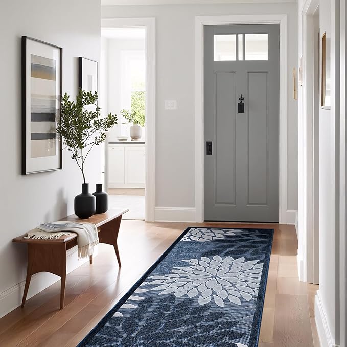 Beverly Rug Outdoor Runner Rug 2x7 Modern Floral Tropical Area Rugs for Indoor and Outdoor Patio Easy to Clean Non Shedding Living Room Porch Garden Washable Outside Carpet (2 x 7 Navy Blue)-Ruum Studio Home