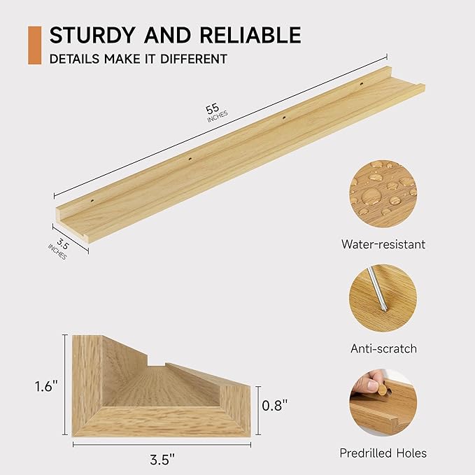 Floating Picture Ledge Shelves for Wall Set of 2, 55 Inches Picture Shelf with Ledge, Nursery Book Shelf for Toys Storage Kids Bookshelf Wall Mounted Living Room Bedroom Decor Frames, Oak-Ruum Studio Home