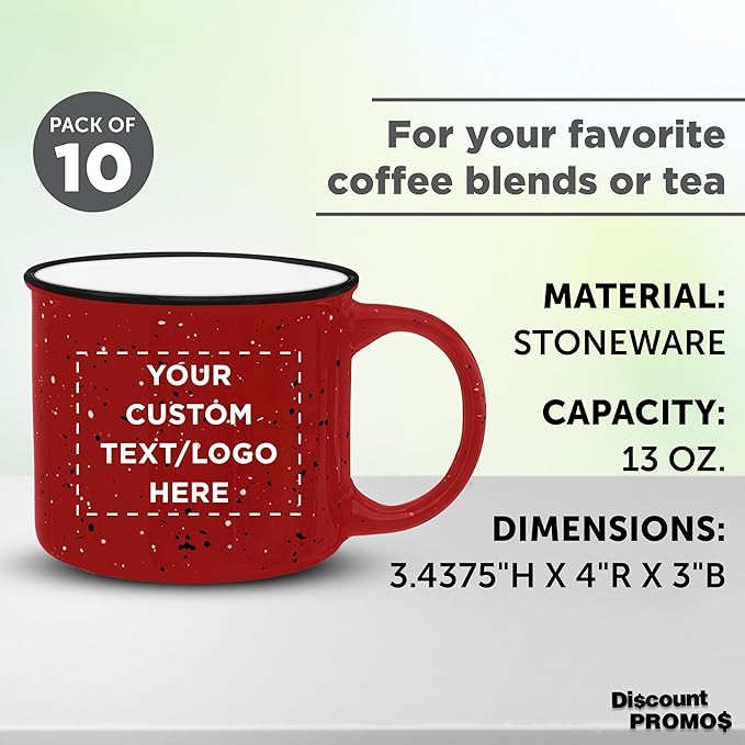 DISCOUNT PROMOS Custom Ceramic Campfire Coffee Mugs 13 oz. Set of 10, Personalized Bulk Pack - Perfect for Tea, Espresso, Cappuccino, Hot Cocoa - Red-Ruum Studio Home