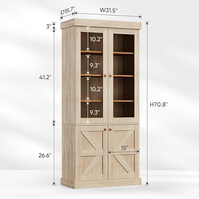 Vyre 71" Tall Farmhouse Bookshelves with Glass Doors, Set of 2 – Large Modular Bookcase with Adjustable Shelves, Storage Cabinet for Living Room, Kitchen, Home Office, Brown-Ruum Studio Home