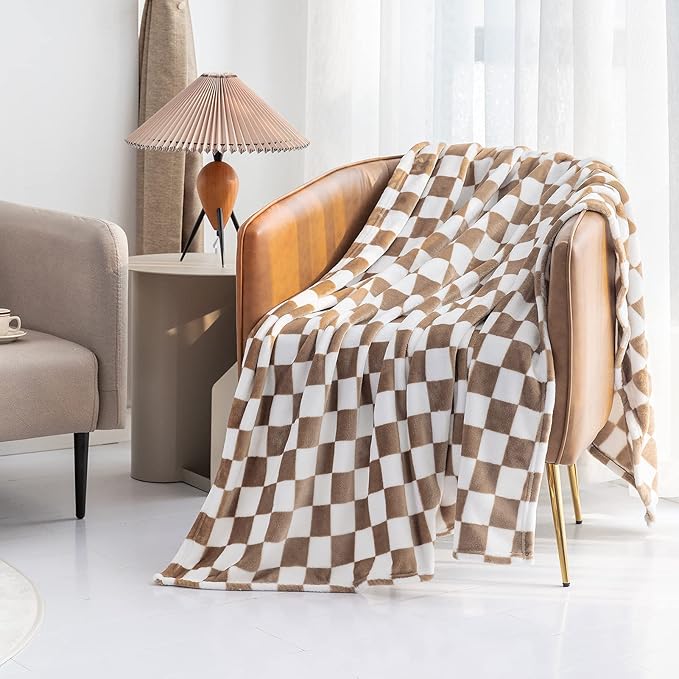 LOMAO Throw Blankets Flannel Blanket with Checkerboard Grid Pattern Soft Throw Blanket for Couch, Bed, Sofa Luxurious Warm and Cozy for All Seasons (Khaki, 40"x50")-Ruum Studio Home