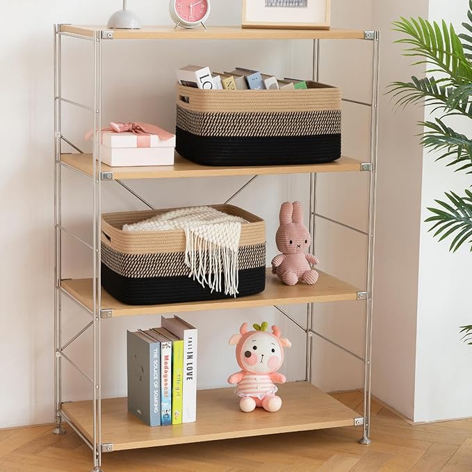 Large Storage Basket for Organizing, Woven Rope Basket for Shelves, Closet Organizer Bins for Clothes, Blanket, Toys, Baby Nursery Storage, 17.7" x 13" x 7.87", 2 Packs Black & Brown-Ruum Studio Home