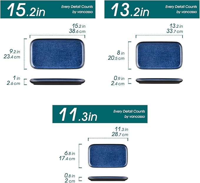 vancasso Stern Serving Platters Set of 3, 15/13/ 11 Inches Rectangular Serving Plates, Blue Serving Trays for Entertaining, Party-Ruum Studio Home