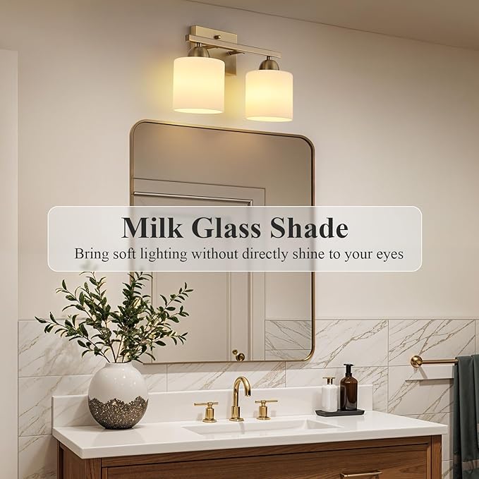 Stainless Steel Milk Glass Vanity Lights for Bathroom, 2 Light Brass Bathroom Light Fixtures Over Mirror, Ceramic E26 Sockets Wall Mounted-Ruum Studio Home