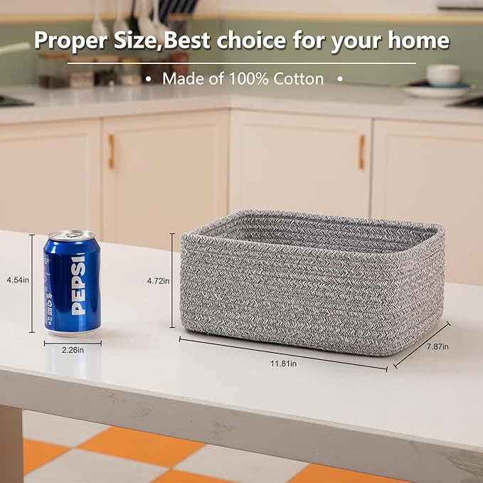 4 Pack Small Storage Shelf Baskets for Organizing, Mini Woven Rope Storage Bins for Towels, Cute Decorative Closet Organizer，Baby Nursery, Gift Empty Baskets -11.81''Lx7.87''Wx4.72''H-Grey-Ruum Studio Home