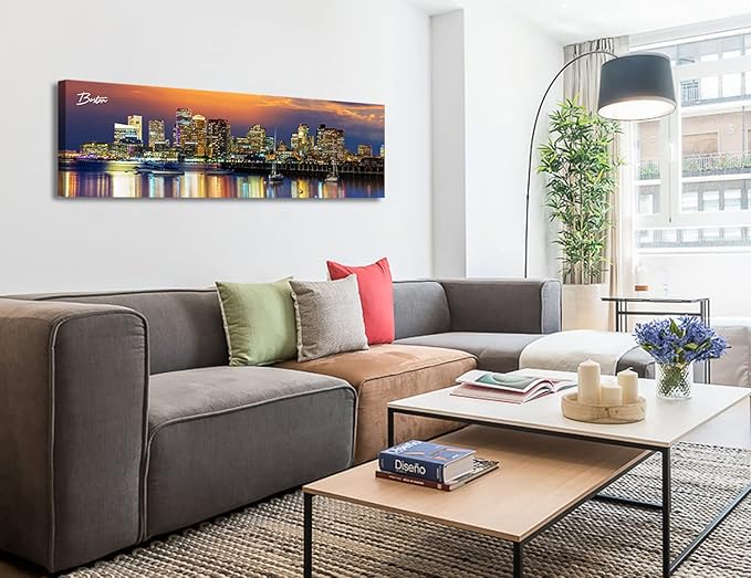 DJSYLIFE Boston Skyline Wall Art Canvas Prints Colorful USA City Night Pictures Modern Panoramic Cityscape Posters Paintings for Bedroom Office Decor, Ready to Hang 13.8"x45.3"-Ruum Studio Home