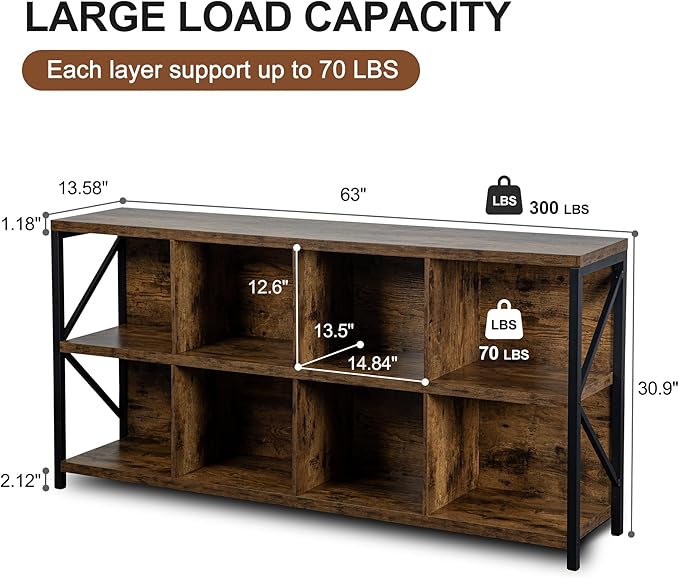 8 Cube Storage Organizer Bookshelf, Industrial Horizontal Bookcase, Accent Cubby Shelf, Media Console Table for Living Room, Home and Office, 63 Inches, Rustic Brown-Ruum Studio Home