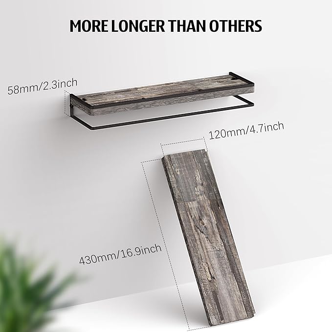 Meangood Floating Shelves Wall Mounted Set of 2, Wall Shelf with Towel Bar Rustic Wood Wall Storage Shelves for Bedroom,Living Room,Bathroom, Kitchen Pine-Ruum Studio Home
