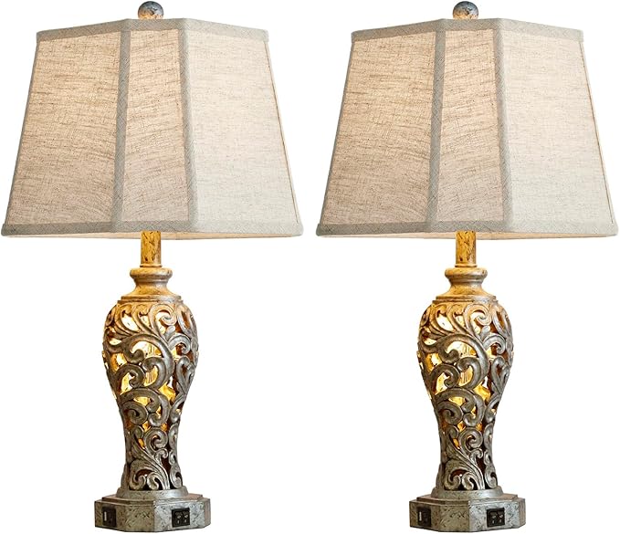 Vintage Table Lamps Set of 2 for Living Room Bedroom, 2 USB Ports 25'' Rustic Farmhouse Desk Lamp with Nightlight, Iron Gray Hollow Out Resin Lamp for End Table (Bulbs Included)-Ruum Studio Home
