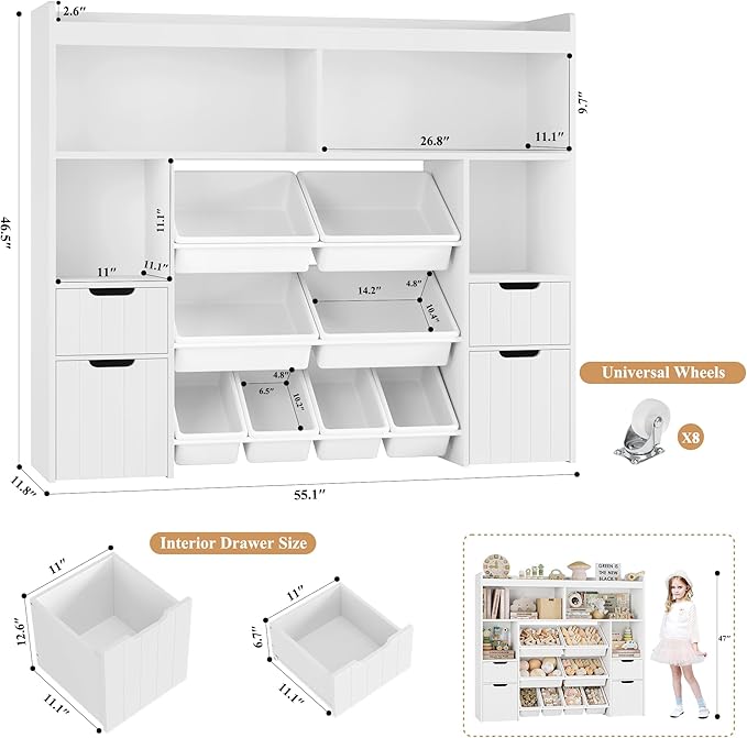 HORSTORS 55" W Toy Storage Organizer with Drawers, Large Kids Toy Storage Box with Removable Bins, Tall Kids Bookshelf and Bookcase for Boys and Girls, Modern Toy Chest for Playroom, Classroom, White-Ruum Studio Home
