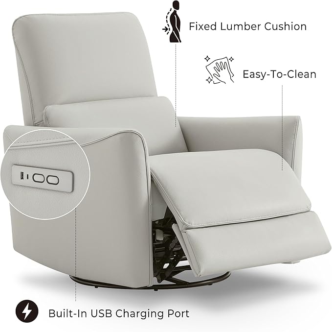 CHITA Power Recliner Chair Swivel Glider, FSC Certified Upholstered Faux Leather Living Room Nursery Reclining Sofa Chair with Lumbar Support, Cream-Ruum Studio Home