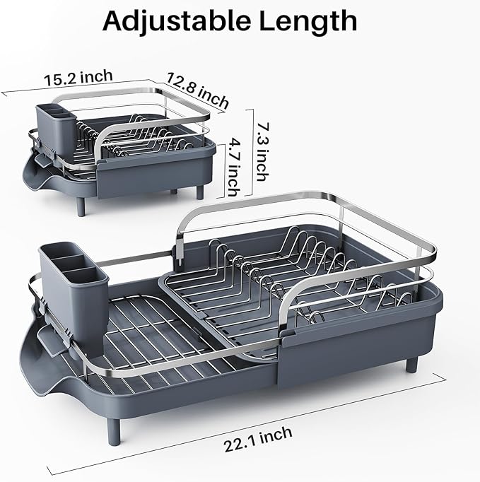 Dish Drying Rack, Expandable Dish Rack for Kitchen Counter, Stainless Steel Dish Drainer with Drainboard Set and Utensil Holder (Gray)-Ruum Studio Home