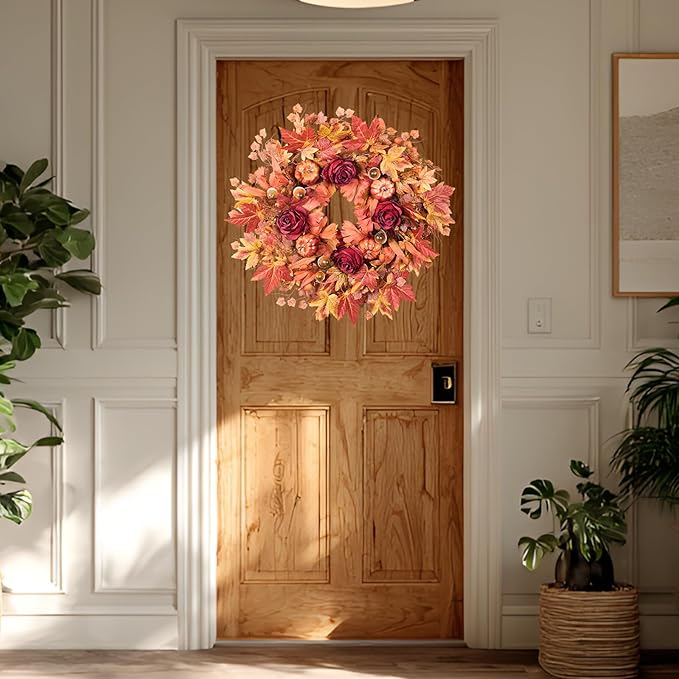 26'' Large Fall Wreath for Front Door, Autumn Wreaths for Outdoor Home Decor - Farmhouse Wreath with Maple Leaves, Pumpkins, Roses, Thanksgiving Decoration, Rustic Harvest Festival Door Hanging-Ruum Studio Home