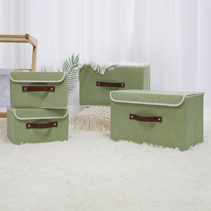 ANMINY Storage Bin with Lid Storage Boxes with PU Leather Handles PP Plastic Board Decorative Foldable Lidded Cotton Linen Fabric Home Cubes Baskets Closet Organizer Container - Green, Small Size-Ruum Studio Home