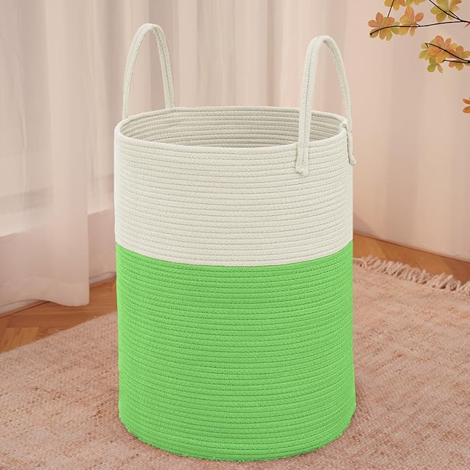 Large Woven Laundry Basket Hamper,60L Cotton Rope Storage Bin for Blankets,Toys and Clothes,Decorative Tall Nursery Hamper for Living Room,Baby Nursery,Bathroom and Bedroom,Light Green-Ruum Studio Home