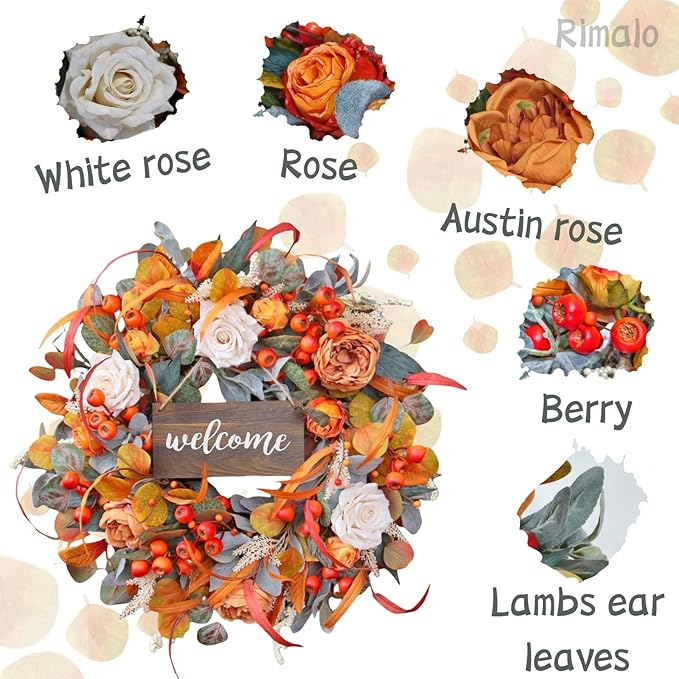 Fall Wreath for Front Door, 24 Inch Autumn Wreath with lamb's Ear Leaves, Roses, Berries & Wooden Sign,Fall Decorations for Home, Artificial Flowers Harvest and Thanksgiving Indoor & Outdoor-Ruum Studio Home