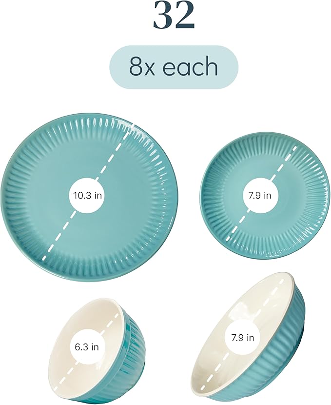 Stoneware Dinnerware Set for 8 People HYGGE 32-Piece - Elegant Scandi Design - Premium Dish Set - Bowl and Plate Set - Tableware for 8 People in a Ribbed Design - Pure Living in Green-Ruum Studio Home