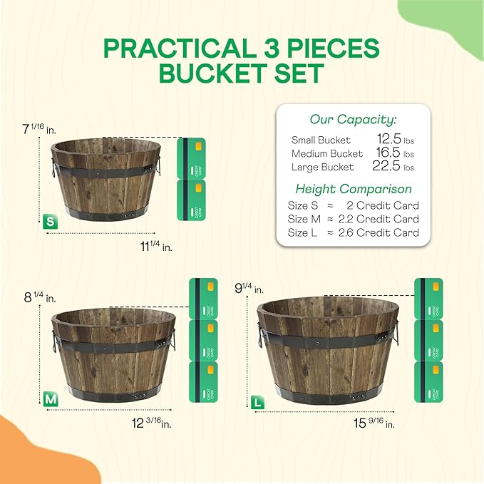 IDZO Set of 3 Wooden Flower Planters for Outdoor Plants, Acacia Wood Barrel Planters, Ergonomic Handles, Drainage Holes, Various Sizes, Walnut-Ruum Studio Home