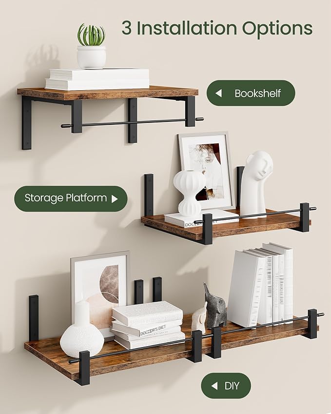 Deep Floating Shelves for Wall, 12 inch Wall Mounted Shelves Set of 2, Wide Floating Shelves for Living Room, Bedroom, Study, Bathroom, Rustic Brown and Black TBJ02P2BF-Ruum Studio Home