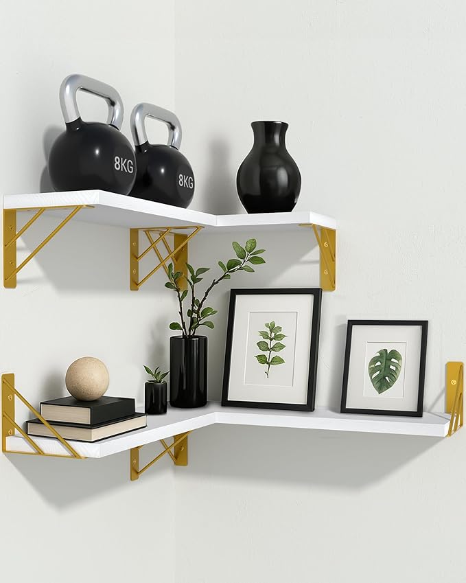 BAYKA Wall Shelves for Bedroom Decor, Floating Wall Shelves for Living Room Kitchen Storage, Wall Mounted Rustic Wood Shelves for Kids Books, Corner Shelf for Bathroom(White and Gold，Set of 4)-Ruum Studio Home