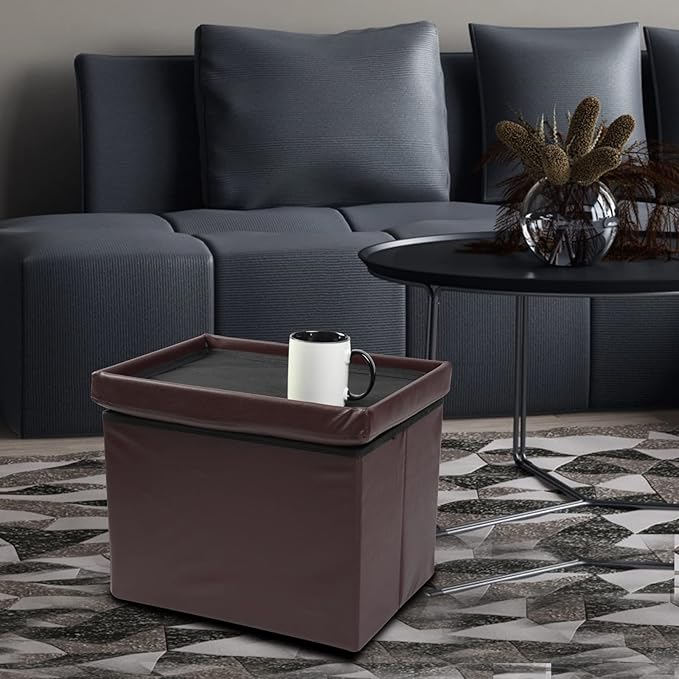 ALASDO Brown Leather Storage Ottoman Footrest Stool, 17x13x13inches, Modern Style-Ruum Studio Home